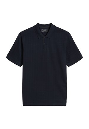 Schwarzes Polohemd mit kurzen Ärmeln, Kragen und zweiknöpfiger Knopfleiste, mit dezent strukturiertem Stoff und Marc O'Polo-Label innen am Kragen.