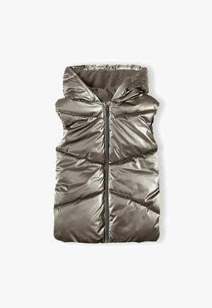 Metallic pilko be rankovių pūkinis liemenė su kapišonu, su priekiniais užtrauktukais, zigzago raštu ir minkšta pilka vidine pamušalu.