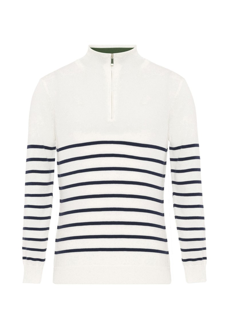 Pull blanc avec des rayures horizontales bleu marine, col montant et fermeture éclair à mi-hauteur. Fabriqué en matière tricotée douce avec des poignets et un ourlet côtelés.