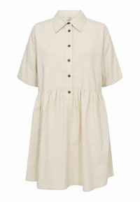 Abito beige a maniche corte con chiusura a bottoni, vestibilità rilassata e vita arricciata; realizzato in tessuto testurizzato con un delicato motivo.
