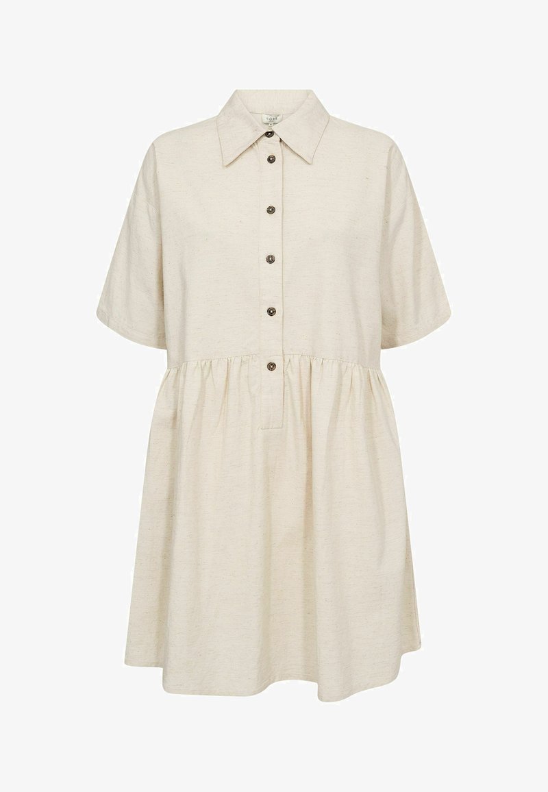 Abito beige a maniche corte con chiusura a bottoni, vestibilità rilassata e vita arricciata; realizzato in tessuto testurizzato con un delicato motivo.