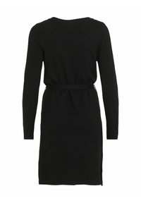 Svart långärmad klänning med en åtsittande midja och ett knytband. Har sidospalter och en enkel, rund halsringning. Slät, mjuk tygtextur.