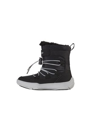 Black winter boot with white sole, elastic front laces with adjustable toggle, and fleece lining around the top edge.