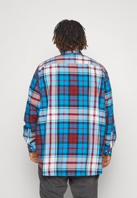 Camicia a maniche lunghe in plaid con una combinazione di colori blu, rosso e bianco, caratterizzata da grandi motivi a quadri, vestibilità comoda e polsini con bottoni.