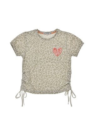 Short-sleeve beige leopard print shirt with drawstrings on sides and a red sequined heart on the left chest area.
