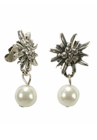 Silberne Ohrringe mit floralem Design, funkelnden Akzenten und einer hängenden weißen Perle. Filigrane Details und eine polierte Oberfläche.