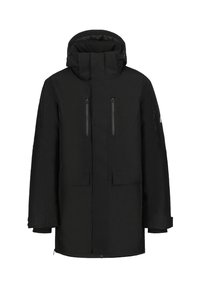 Parka invernale nera con cappuccio, due cerniere verticali sul petto, due tasche frontali con patta e cinturini regolabili sui polsi.