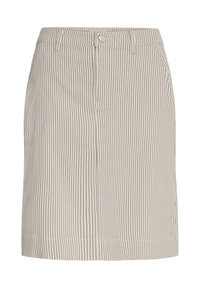 Beige nederdel med tynde, lodrette grå striber, knaplukning foran, lynlås, bæltestropper og sidelommer.