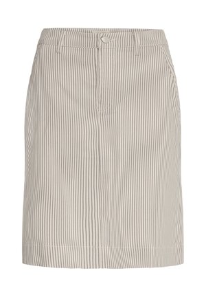 Fustă bej cu dungi gri verticale subțiri, închidere frontală cu nasturi și fermoar, bucle pentru curea și buzunare laterale.