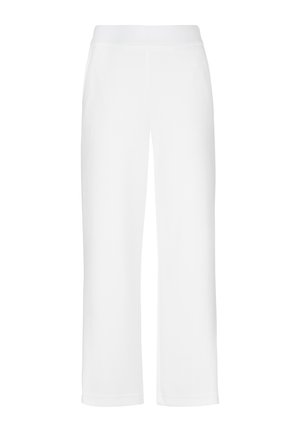 Weiße gerade geschnittene Hose mit elastischem Bund, ohne sichtbare Taschen oder Verzierungen, flach auf weißem Hintergrund liegend dargestellt.