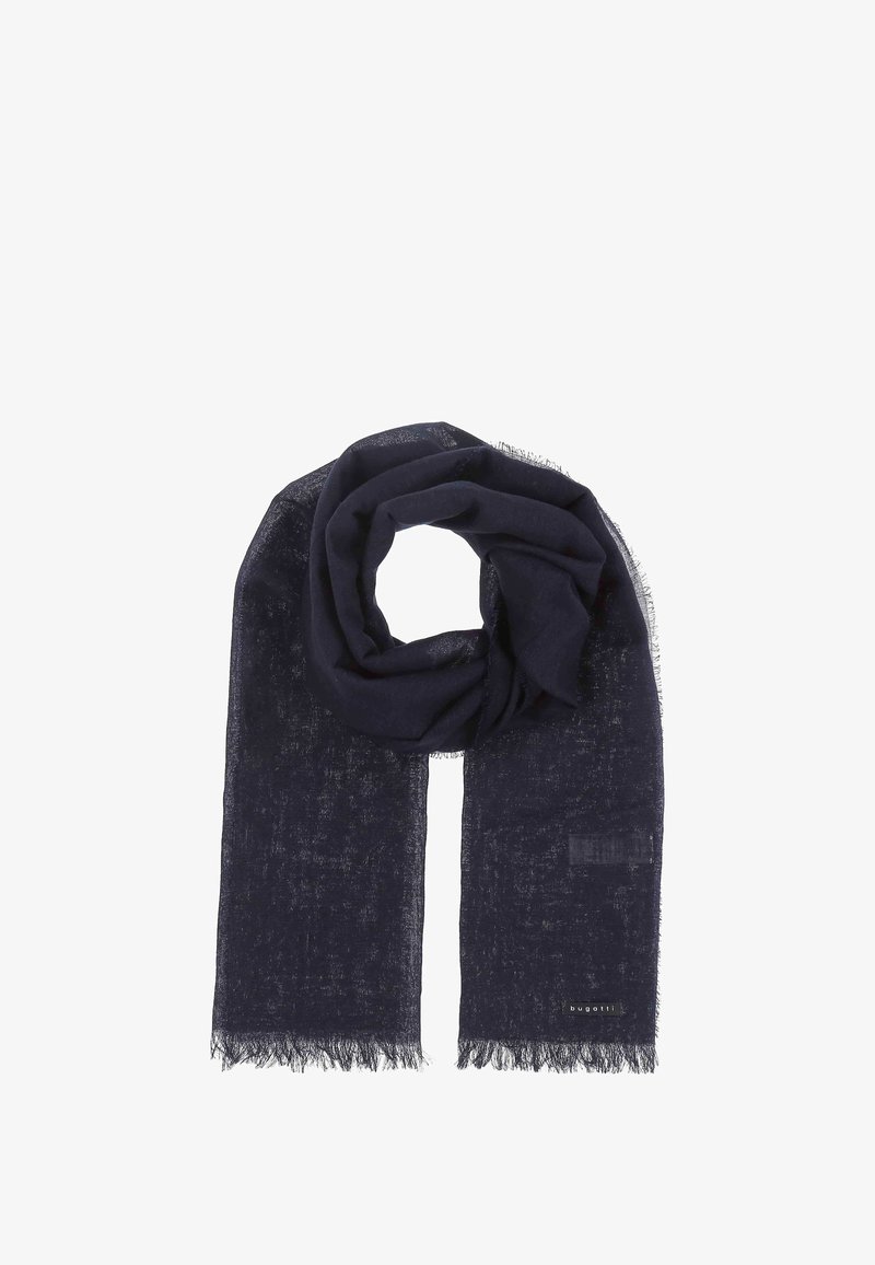 Marineblå tørklæde lavet af struktureret stof, med frynset kanter og et logo-mærke. Arrangeret i en cirkulær form, hvilket fremhæver dets lette og flydende design.