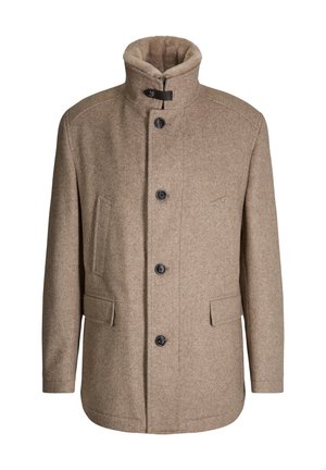 Brauner Fischgrät-Wollmantel mit hohem Kragen, schwarzen Knöpfen, zwei vorderen Taschen und strukturierter Oberfläche.