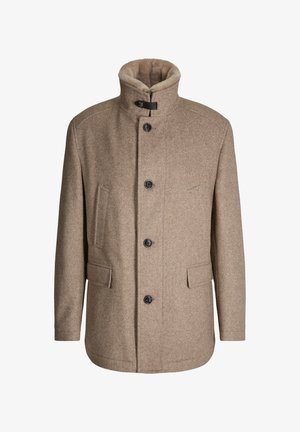 Brauner Fischgrät-Wollmantel mit hohem Kragen, schwarzen Knöpfen, zwei vorderen Taschen und strukturierter Oberfläche.