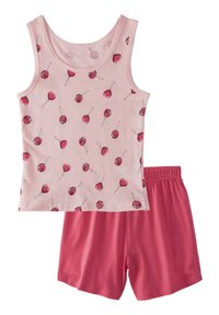 Top in cotone rosa chiaro senza maniche con motivo di cuori e lecca-lecca, abbinato a pantaloni corti rosa uniti. Tessuto di cotone morbido e elasticizzato, taglio casual.