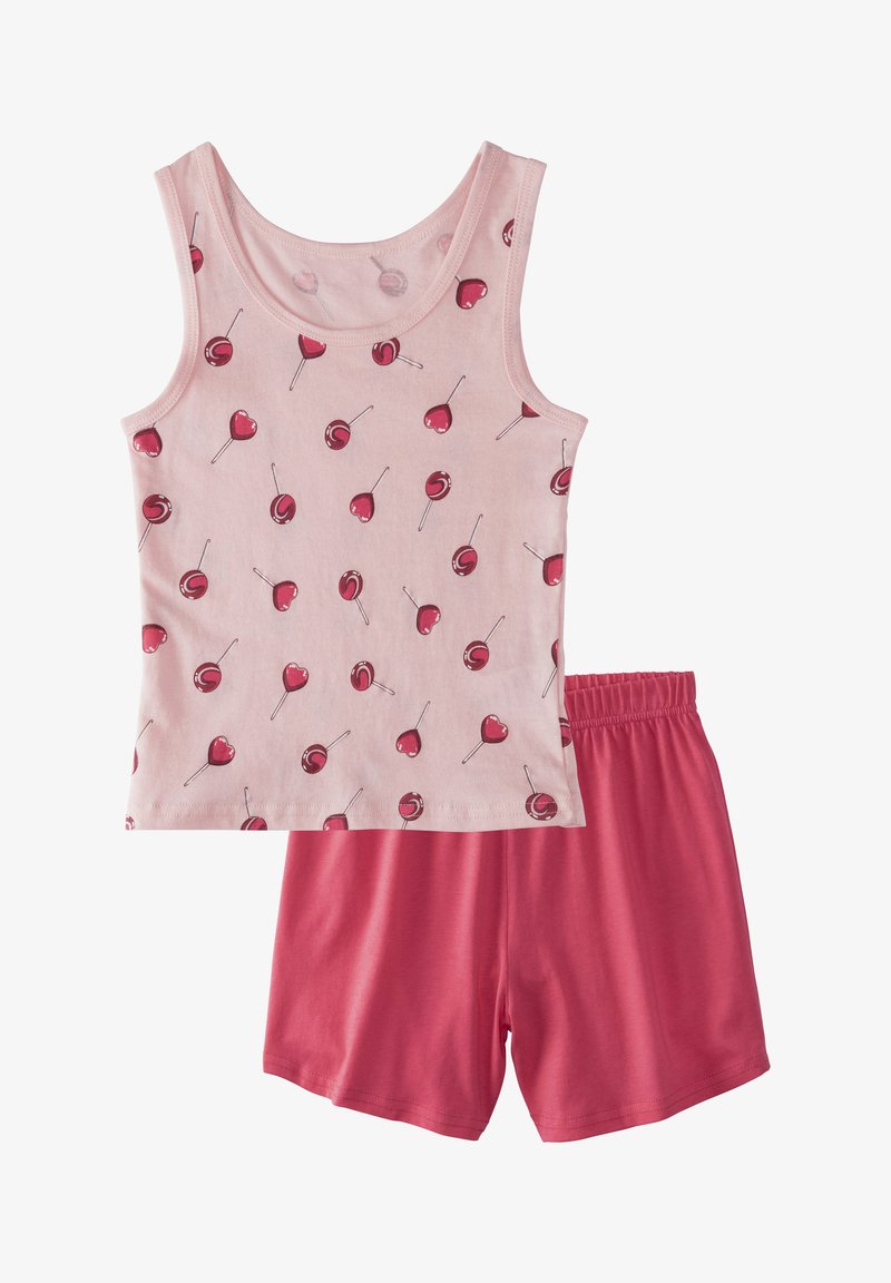 Top de alças rosa claro com padrão de corações e pirulitos, combinado com calções rosa sólido. Tecido de algodão suave e elástico, com um corte casual.