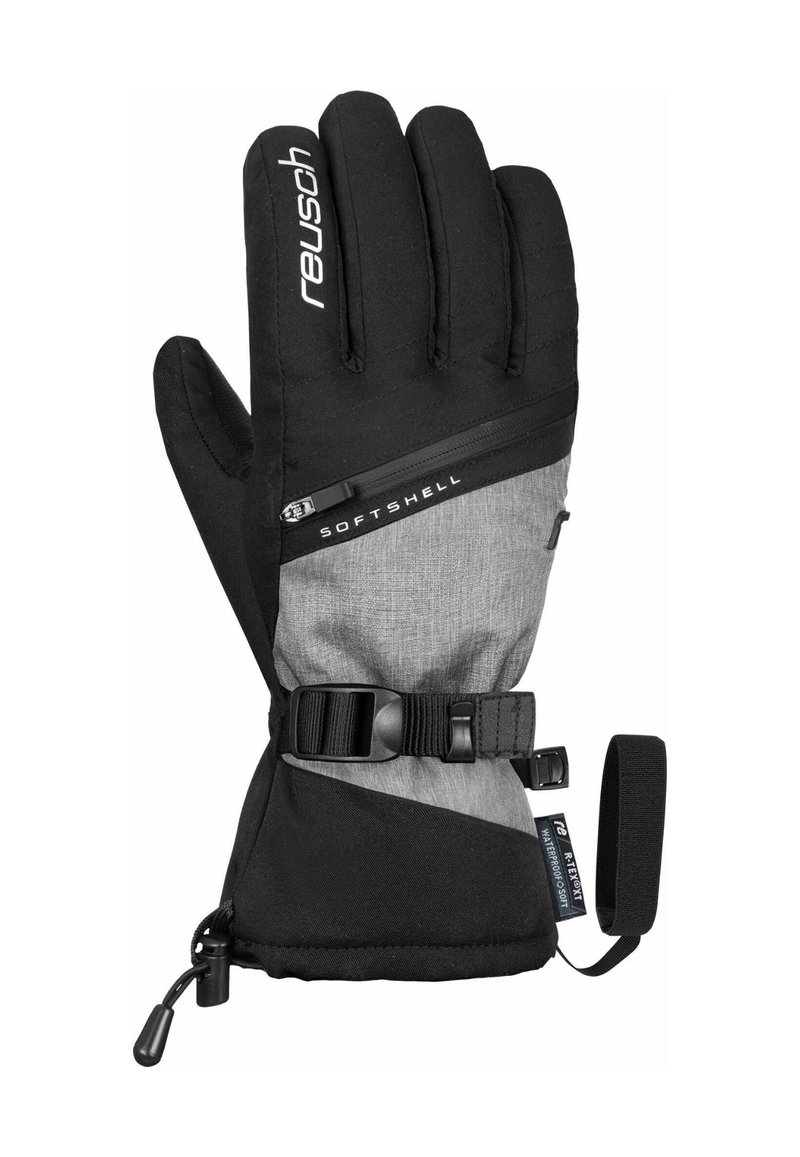 Gants en softshell noir et gris avec des doigts rembourrés, une sangle de poignet ajustable et une poche zippée. Tissu texturé et zones renforcées.