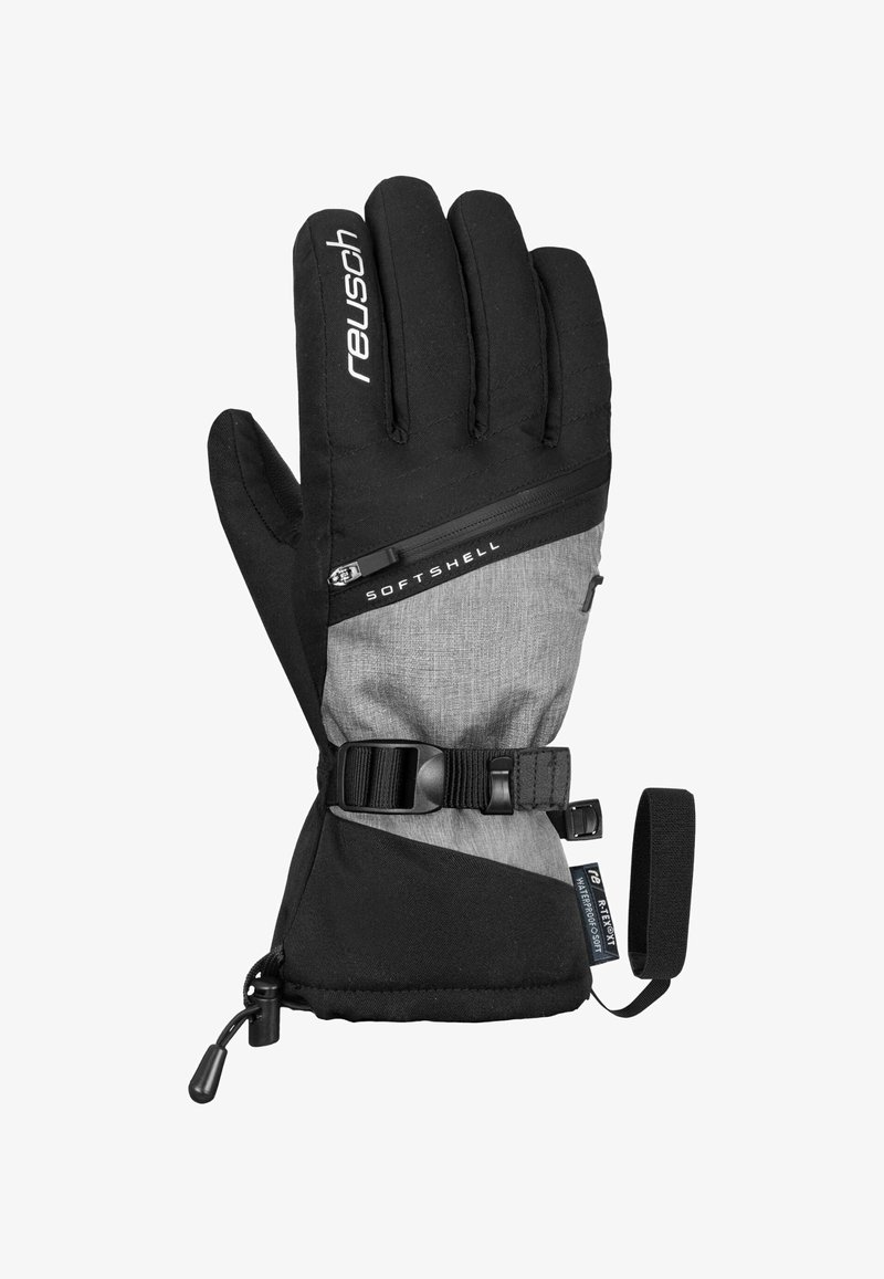 Guanti softshell neri e grigi con dita imbottite, cinturino da polso regolabile e tasca con zip. Tessuto testurizzato e aree rinforzate.