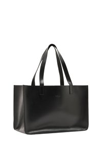 Svart läder tote-väska med dubbla axelremmar, rektangulär form och slät yta.