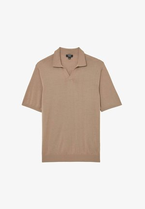 Bézs rövid ujjú galléros póló V-nyakkivágással és bordázott gallérral, puha anyagból készült, egyenes szegéllyel és minimalista dizájnnal.