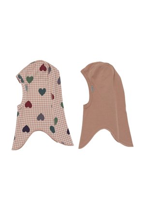 Deux cagoules douces pour enfants, une beige avec des cœurs multicolores sur un motif à carreaux, une marron clair unie, toutes deux avec une protection prolongée du cou.