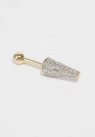 Gold-toned jewelry piece with a conical shape, covered in clear rhinestones, featuring a smooth spherical end, measuring approximately 4 cm.