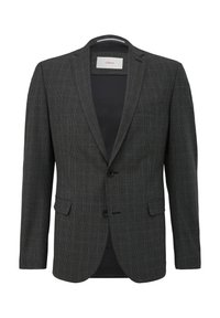Szary blazer w wzór, o dopasowanym kroju, z klapami typu notch, dwoma przednimi kieszeniami i dwoma guzikami. Podszewka wewnętrzna z widoczną metką.