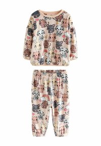 Completo per bambini in morbido tessuto rosa chiaro. Felpa con maniche lunghe e polsini elastici, decorata con vivaci stampe di animali. Pantaloni abbinati con vita elastica.
