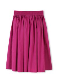 Jupe rose, mi-longue, avec un design froncé et une taille élastique dotée d'un motif logo ton sur ton. Texture lisse et tissu léger.