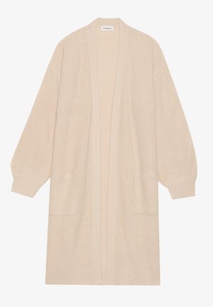 Lange beige gebreide cardigan met open voorkant, twee voorzakken en geribde manchetten en zoom.