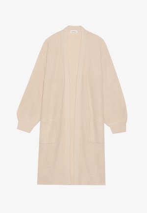 Long beige knitted cardigan with open front, two front pockets, and ribbed cuffs and hem.
