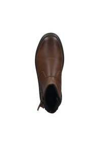 Brauner Lederstiefelette mit runder Zehenform, seitlichem Reißverschluss und strukturiertem Akzent, ausgestattet mit einer Gummisohle für besseren Halt.