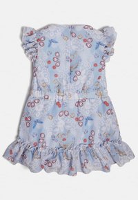 Světlé modré šaty s volánovými rukávy a lemem, zdobené květinovým a vzorovaným designem v červených, modrých a zlatých odstínech. Zapínání na zip na zadní straně.