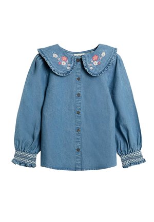 Hellblaues Denimhemd mit großem Rüschkragen, floralen Stickereien und Knopfleiste. Puffärmel mit smockigen Bündchen.