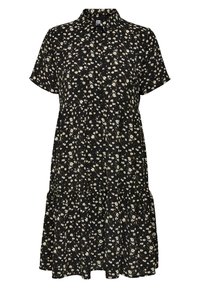 Abito nero con maniche corte, colletto, motivo floreale in bianco e crema, gonna a strati, tessuto leggero, chiusura con bottoni.