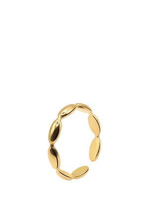 Bracelet en or avec des segments ovales lisses reliés formant un anneau circulaire ouvert et flexible.