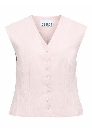 Gilet sans manches rose pâle à boutons, col en V et taille cintrée, avec une étiquette ".OBJECT" à l'intérieur du col.