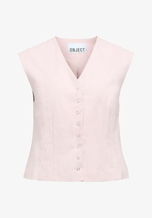 Mouwloos lichtroze button-up vest met V-hals en getailleerde taille, met label ".OBJECT" binnen de kraag.