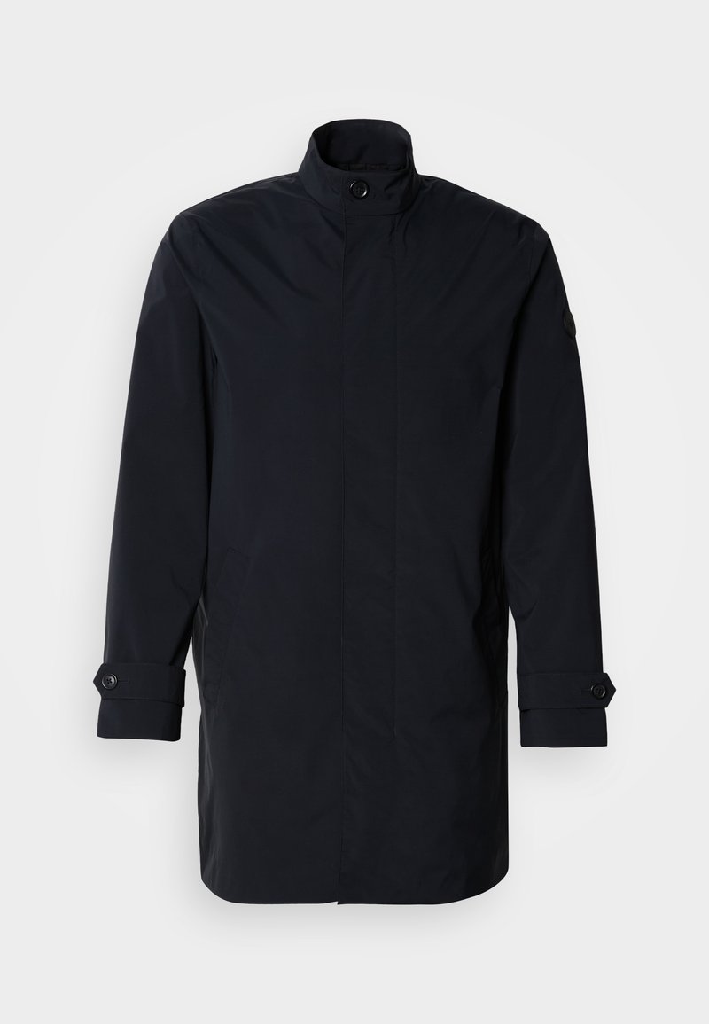 Navy blue lightweight coat with a high collar, front button closure, and cuffed sleeves. Features two side pockets. Smooth texture.