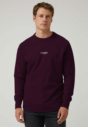 Hombre de pie con un sudadera oscura de color púrpura que tiene el texto "ALTONADOCK es tu camino" en el pecho y jeans oscuros, con un fondo liso.