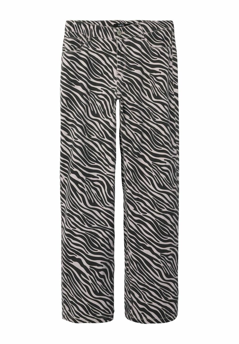 Pantalons avec imprimé zèbre en noir et gris clair, présentant un design à jambes droites avec une texture de tissu douce et un style classique à cinq poches.