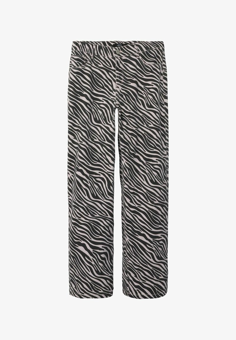 Zebra print pants in black and light gray, featuring a straight-leg design with a soft fabric texture and classic five-pocket style.