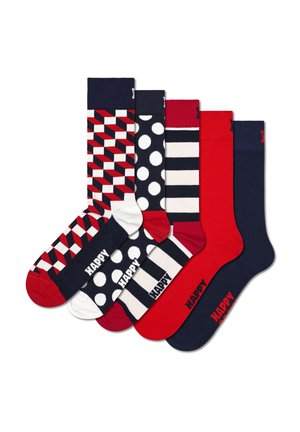 Set of five socks featuring various patterns: geometric red and navy, white polka dots, navy and white stripes, solid red and navy.