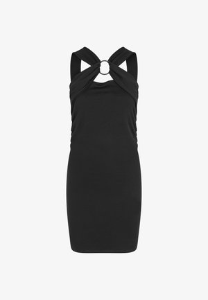 Crna bez naramenica haljina s uvijenim izrezom i okruglim metalnim akcentom. Glatka tkanina, uski kroj i dizajn do koljena.