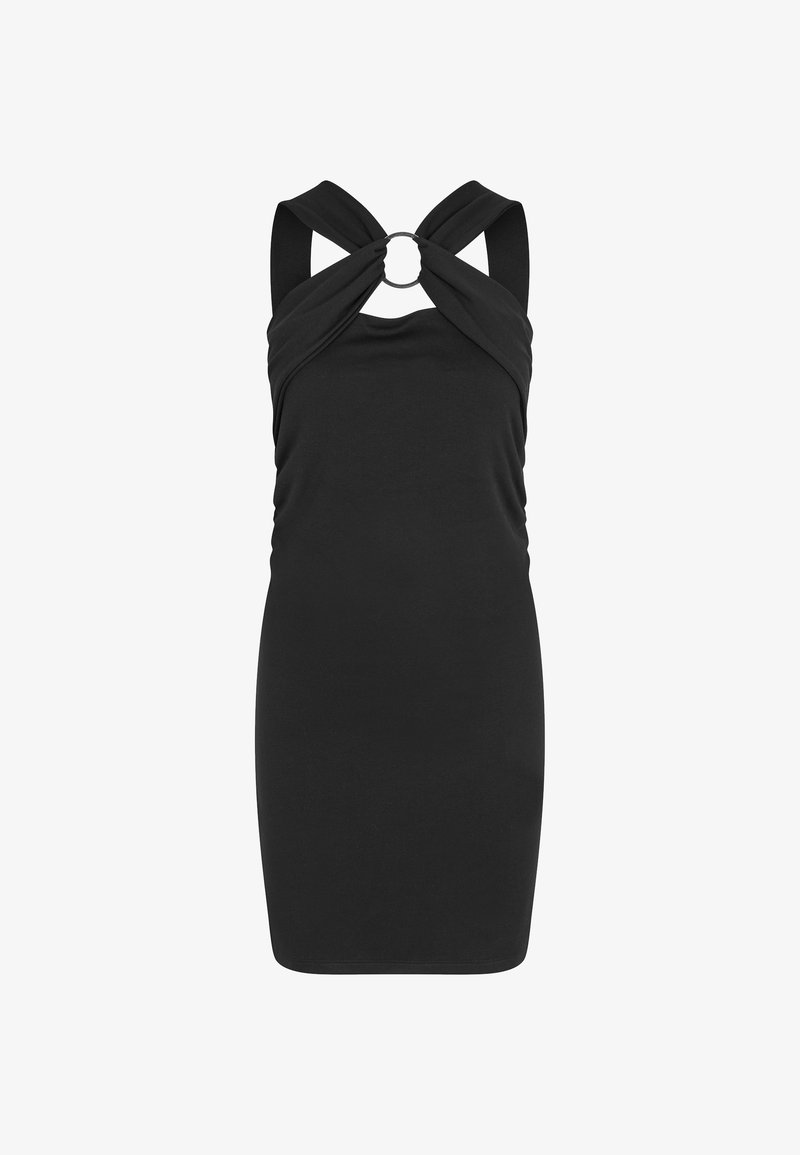 Crna bez naramenica haljina s uvijenim izrezom i okruglim metalnim akcentom. Glatka tkanina, uski kroj i dizajn do koljena.