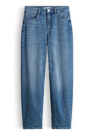 Jeans in denim blu con chiusura frontale a bottoni e cerniera, design a cinque tasche e dettagli di scoloritura discreti sulle gambe anteriori.