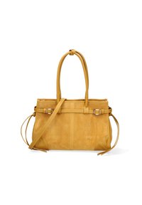 Borsa a mano in suede giallo con dettagli in pelle, dotata di due manici superiori e di una tracolla regolabile e removibile. Presenta cuciture dettagliate.