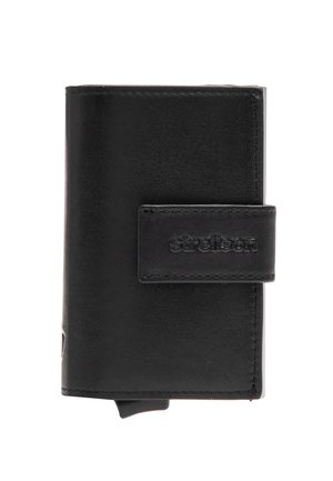 Black leather wallet with a smooth texture, rectangular shape, a front flap with embossed logo, and a compact design.