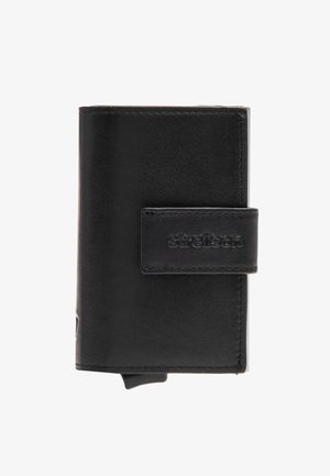 Black leather wallet with a smooth texture, rectangular shape, a front flap with embossed logo, and a compact design.