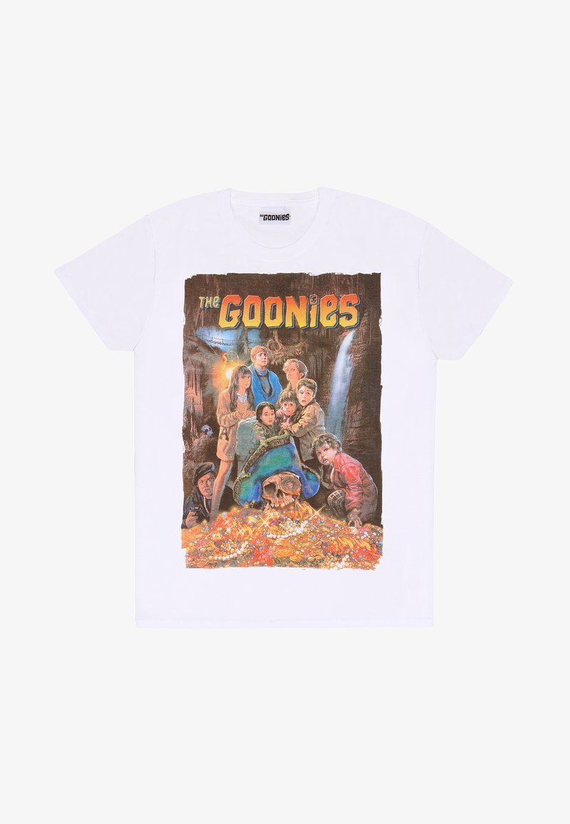 Bílé bavlněné tričko s barevnou grafikou filmu "Goonies", na kterém jsou postavy kolem truhly se pokladem a lebkou.