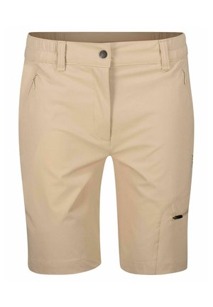 Beige Shorts aus leichtem, glattem Material. Sie verfügen über einen Knopfverschluss, zwei seitliche Reißverschlusstaschen und eine leicht taillierte Passform.